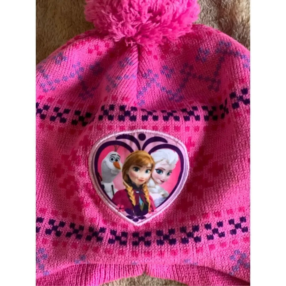 Disney Frozen Knit Pom Beanie Kids Pink Princess Winter Hat Elsa and Anna Nordic
